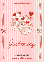 Cake Cards design featuring two cupcakes with hearts and a cute message for celebrations.
